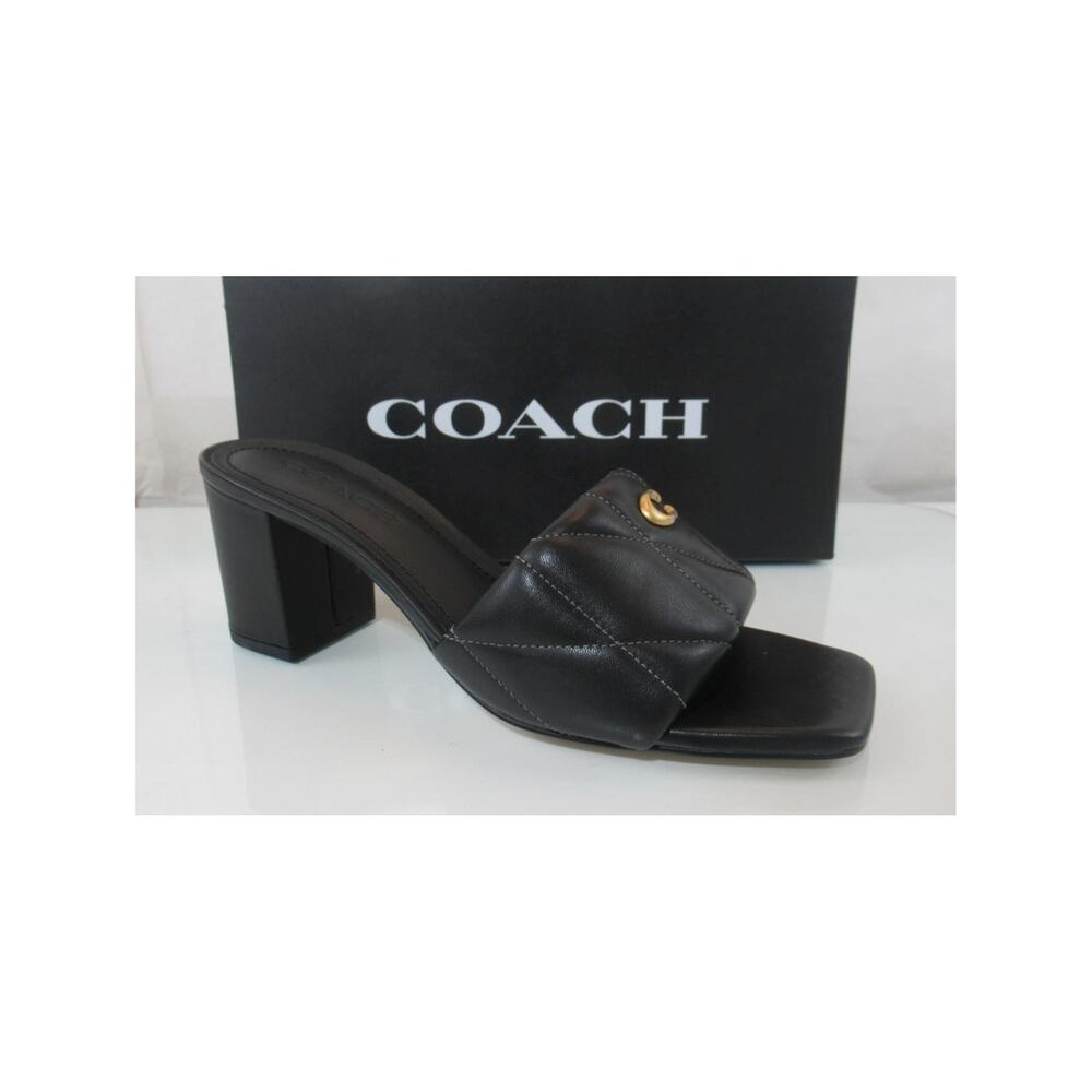 Coach Size 7.5 Holly Block Heel Dress Sandals Quilted Leather Slide Black